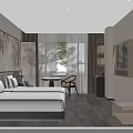 Hotel Room Interior With Beige Walls Bamboo Painting Wooden Flooring And Minimalist Design