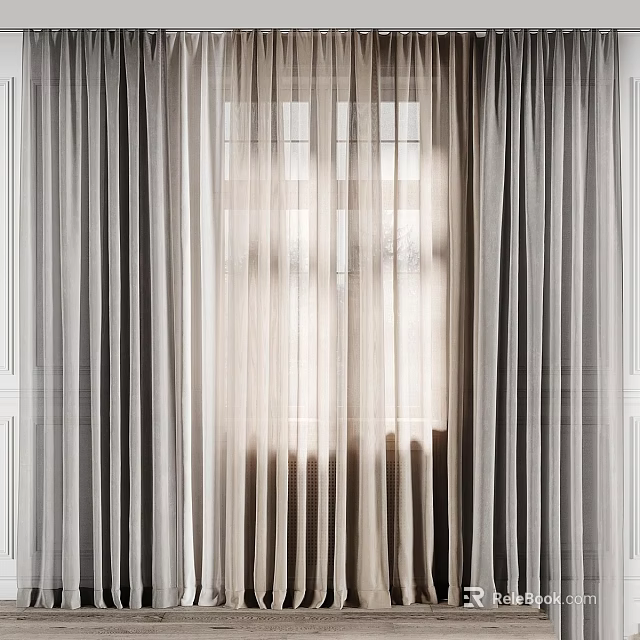 Sheer Lightweight Beige Curtains Filtering Soft Natural Light Through Window Panels 3d model 