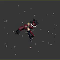 Game And Movie Character With Blonde Hair And Red Mechanical Arms Flying With Orange Fragments