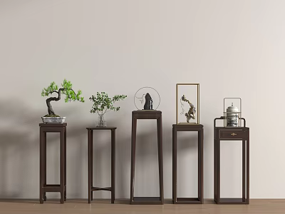 Dark Wooden Plant Stands With Bonsai Small Plants And Decorative Lantern Against Light Wall 3d model