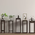 Dark Wooden Plant Stands With Bonsai Small Plants And Decorative Lantern Against Light Wall