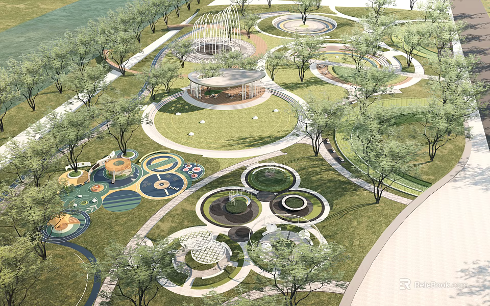 Beautiful Park Landscape Design With Circular Lawns Curved Paths Trees And Fountains 3d model 
