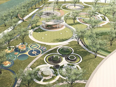 Beautiful Park Landscape Design With Circular Lawns Curved Paths Trees And Fountains 3d model