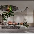 Modern Interior Space With Circular Ceiling Water Feature Central Pine Tree And Comfortable Furniture
