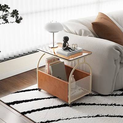 Modern Side Table With Glass Top Storage Basket Table Lamp And Books By Sofa 3d model