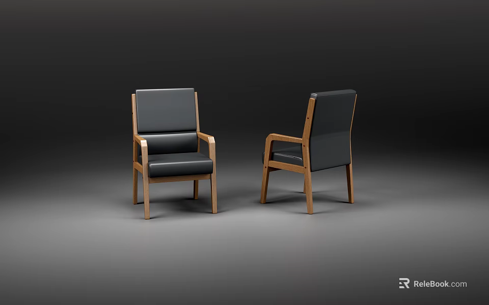 Two Modern Leisure Chairs With Black Leather Seats And Wooden Frames 3d model 