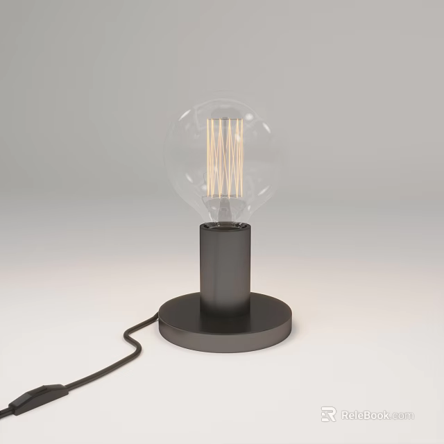 Modern Table Lamp with Transparent Bulb and Filament Black Cylindrical Base and Round Design 3d model 