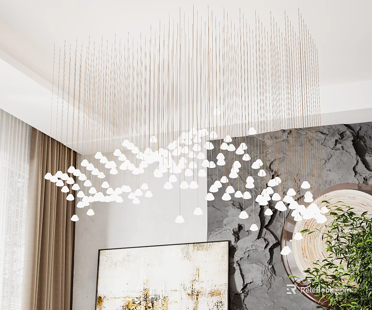 Modern White Hanging Chandelier In Living Room Interior With Gray Wall Green Plant And Curtain 3d model 