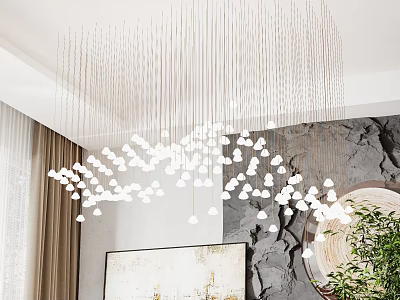 Modern White Hanging Chandelier In Living Room Interior With Gray Wall Green Plant And Curtain 3d model