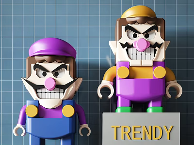 Trendy Block Style Toy Dolls with Purple Yellow Hats Blue Purple Overalls on Blue Grid 3d model