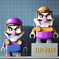 Trendy Block Style Toy Dolls with Purple Yellow Hats Blue Purple Overalls on Blue Grid