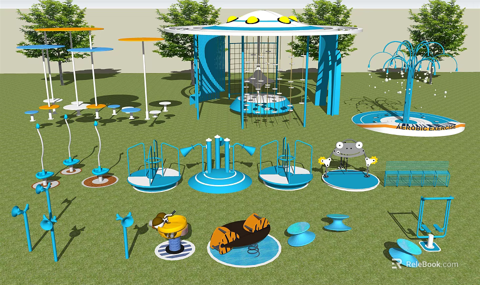 Colorful Blue Playground Equipment For Outdoor Children's Playground With Swings Spinning Rides And Green Lawn 3d model 