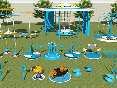 Colorful Blue Playground Equipment For Outdoor Children's Playground With Swings Spinning Rides And Green Lawn 3d model