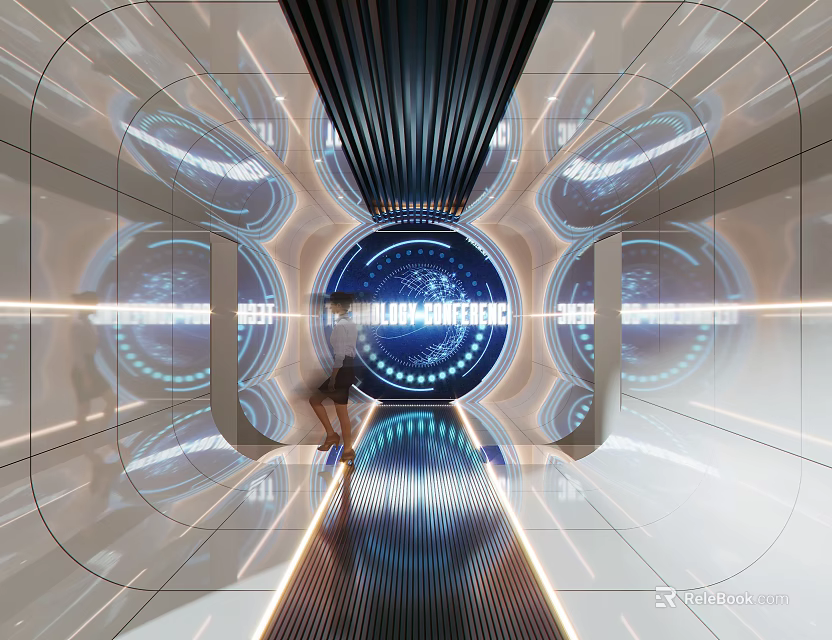 Modern Futuristic Exhibition Hall with Circular Screens Blue Lighting and Technological Elements 3d model