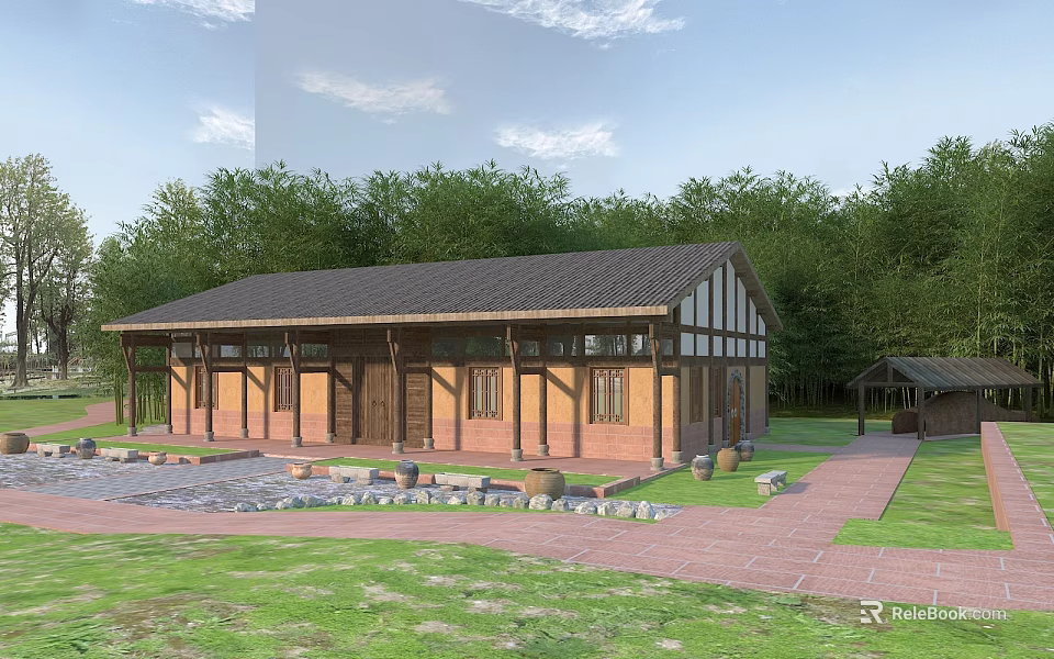 Scenic Garden Landscape With Traditional Pavilion Stone Pathway Lush Trees And Greenery 3d model 