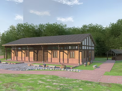Scenic Garden Landscape With Traditional Pavilion Stone Pathway Lush Trees And Greenery 3d model