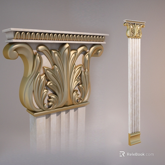 Elegant Corinthian Capital With Intricate Leaf Carvings Gold Accents And Marble Column Shaft 3d model 