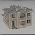 Elegant Two Story Villa Exterior With Gray Roof Beige Walls Dark Windows Black Door Steps