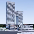 Modern Commercial Complex With High Rise Buildings Low Rise Structures Green Spaces And Circular Plaza