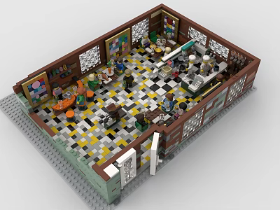 Lego Built Cafe Interior Featuring Minifigures Tables Chairs Counter And Artworks 3d model