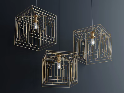Three Modern Golden Geometric Chandeliers With Metal Frame Hanging Design 3d model
