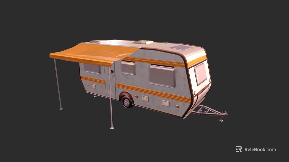 Modern Gray Caravan Exterior With Orange Awning Windows And Trailer Hitch 3d model 
