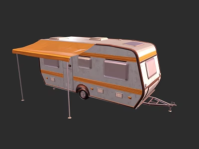 Modern Gray Caravan Exterior With Orange Awning Windows And Trailer Hitch 3d model