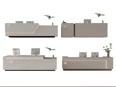 Modern Stylish Reception Desk Design With Gray Surface Computer Monitor And Potted Plant 3d model