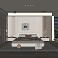 Modern Bedroom Interior Design With Bed Artwork Nightstands Pendant Lights Rug And Window Blinds