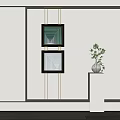 Modern Interior Featuring Hanging Square Geometric Paintings And Green Plant On White Pedestal