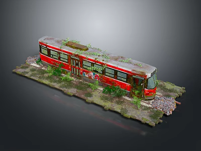 Abandoned Red Tram With Graffiti And Rust Surrounded By Weeds And Gravel 3d model