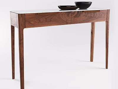 Minimalist Walnut Wood Console Table With Two Black Bowls On Surface 3d model