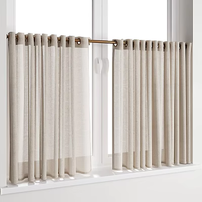 Beige Linen Window Curtains With Pleated Design For Light Filtering Room 3d model