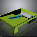 Green Paint Tray With Roller And Blue Handle Scraper For Home Painting