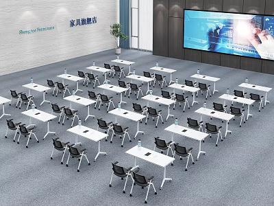 Modern Spacious Meeting Room With Multiple White Conference Tables Black Chairs And Large Screen 3d model