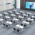 Modern Spacious Meeting Room With Multiple White Conference Tables Black Chairs And Large Screen