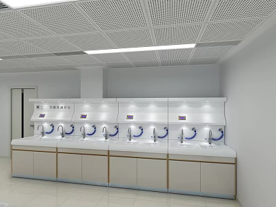 Public Water Dispenser Station With Multiple Faucets White Cabinets Walls Ceiling And Lighting 3d model