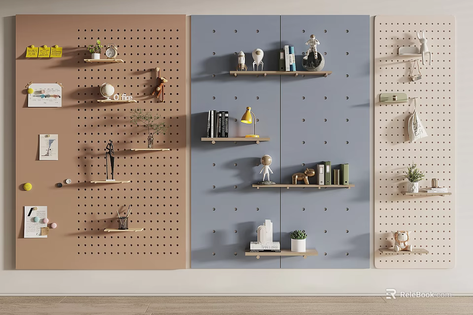Stylish Wall Decor with Pegboard Shelves Books and Small Plants on Colored Walls 3d model 