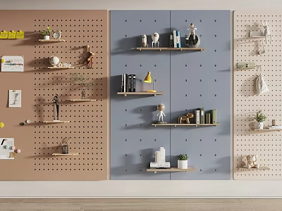 Stylish Wall Decor with Pegboard Shelves Books and Small Plants on Colored Walls 3d model