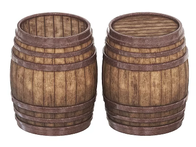 Two Barrel Shaped Ceramic Vessels With Wood Grain Texture And Striped Bands 3d model
