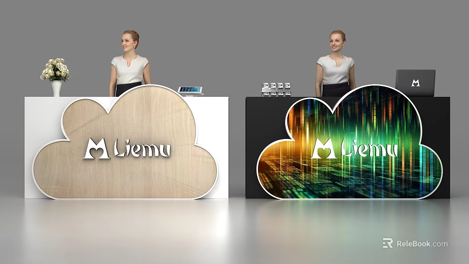 Cloud Shaped Wooden Reception Desk With Liemu Logo Colorful Light Patterns And Staff 3d model 