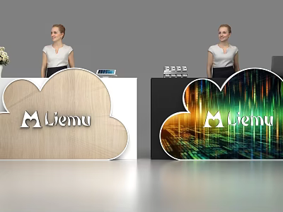 Cloud Shaped Wooden Reception Desk With Liemu Logo Colorful Light Patterns And Staff 3d model