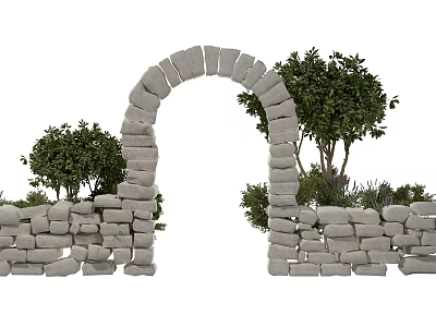 Garden Stone Arch And Wall Feature With Lush Green Trees Around 3d model
