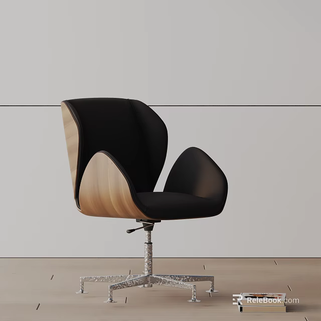 Black Leather Office Chair With Wooden Armrests And Swivel Base Modern Design 3d model 