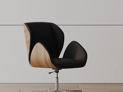 Black Leather Office Chair With Wooden Armrests And Swivel Base Modern Design 3d model