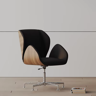 Black Leather Office Chair With Wooden Armrests And Swivel Base Modern Design 3d model