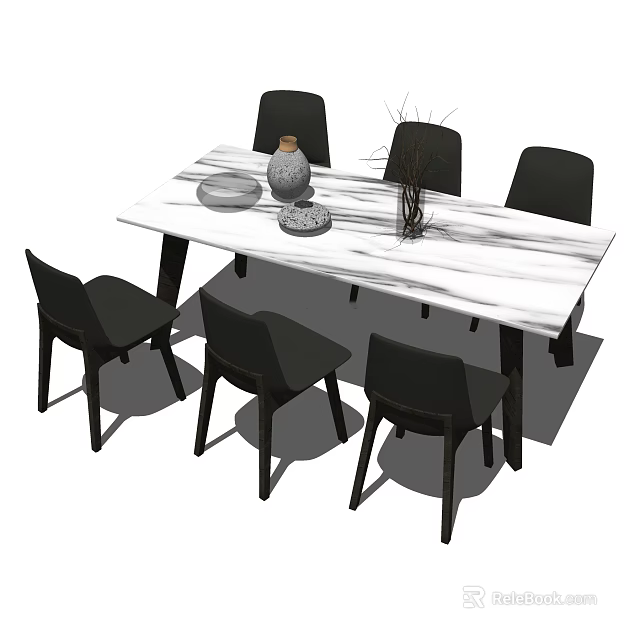 Modern Dining Table Set With Marble Top Six Black Chairs And Decorative Vase 3d model