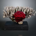Sculptural Coral Structure With Grayish White Branches And Vibrant Red Center On Black Base