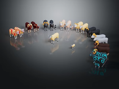 Colorful Cartoon Animal Characters With Various Styles Arranged In Circle Featuring Small Lamb Center And Blue Patterned Ones 3d model