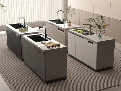 Modern Kitchen With Island Counters Sinks And Plants 3d model